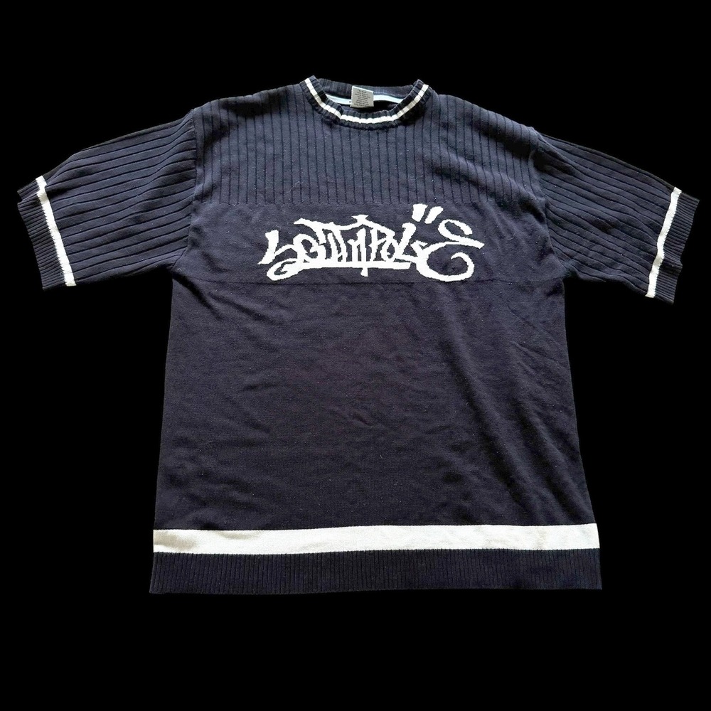 Y2K Southpole Large Navy Blue Graffiti Knit Short Sleeve Knit Sweater Y2K HipHop
